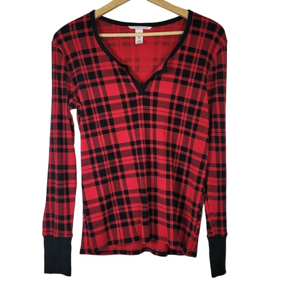 Victoria's Secret Plaid Pajama Set Red Black Medium Long Pants Thermal Waffle - Picture 2 of 15